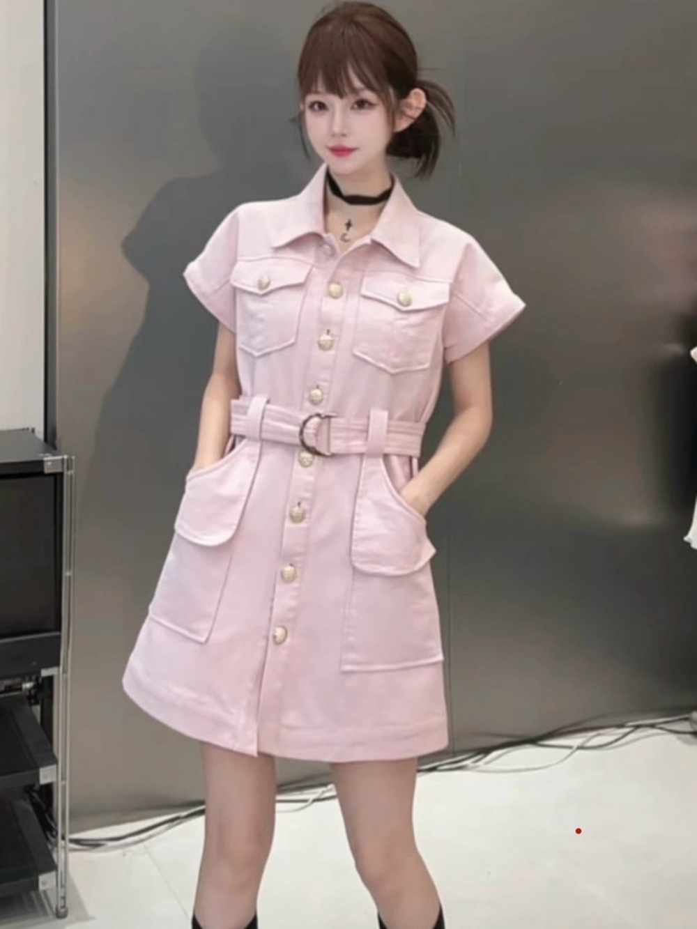 Women’s Pink Button-Front Belted Shirt Dress
